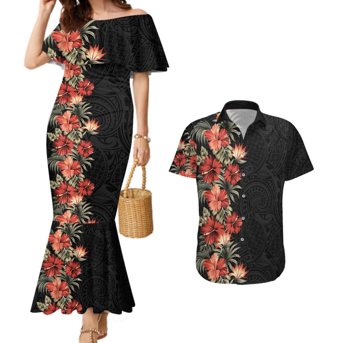 Hawaii Tropical Flowers Tribal Pattern Couples Matching Mermaid Dress and Hawaiian Shirt No6 LT9 Black - Polynesian Pride