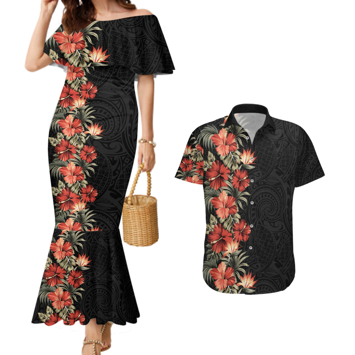 Hawaii Tropical Flowers Tribal Pattern Couples Matching Mermaid Dress and Hawaiian Shirt No6 LT9 Black - Polynesian Pride