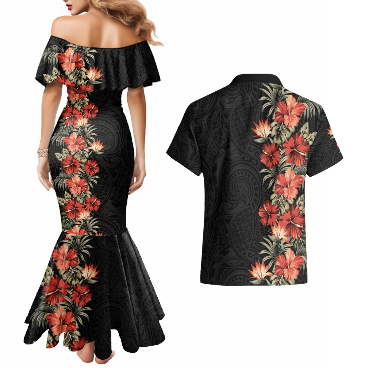 Hawaii Tropical Flowers Tribal Pattern Couples Matching Mermaid Dress and Hawaiian Shirt No6 LT9 - Polynesian Pride