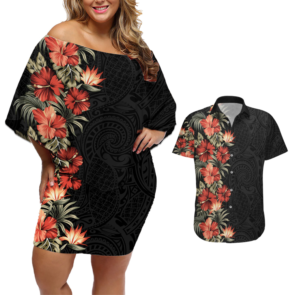 Hawaii Tropical Flowers Tribal Pattern Couples Matching Off Shoulder Short Dress and Hawaiian Shirt No6 LT9 Black - Polynesian Pride