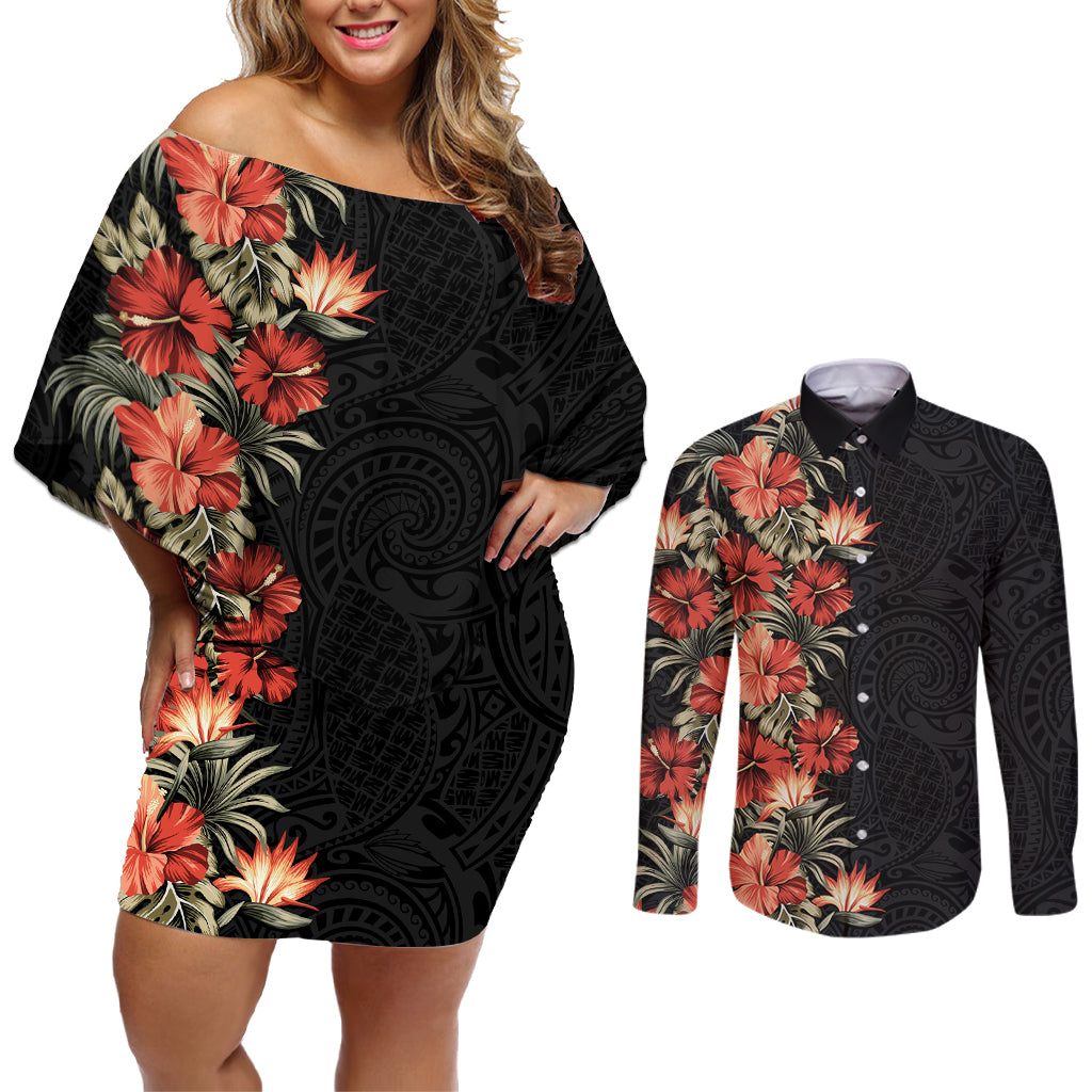 Hawaii Tropical Flowers Tribal Pattern Couples Matching Off Shoulder Short Dress and Long Sleeve Button Shirt No6 LT9 Black - Polynesian Pride