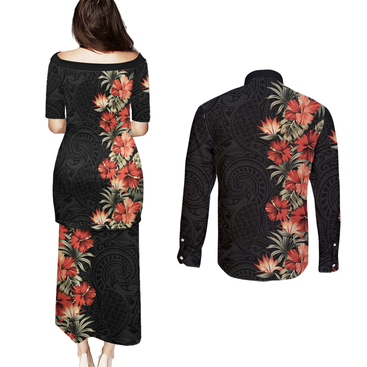 Hawaii Tropical Flowers Tribal Pattern Couples Matching Puletasi and Long Sleeve Button Shirt No6 LT9 - Polynesian Pride