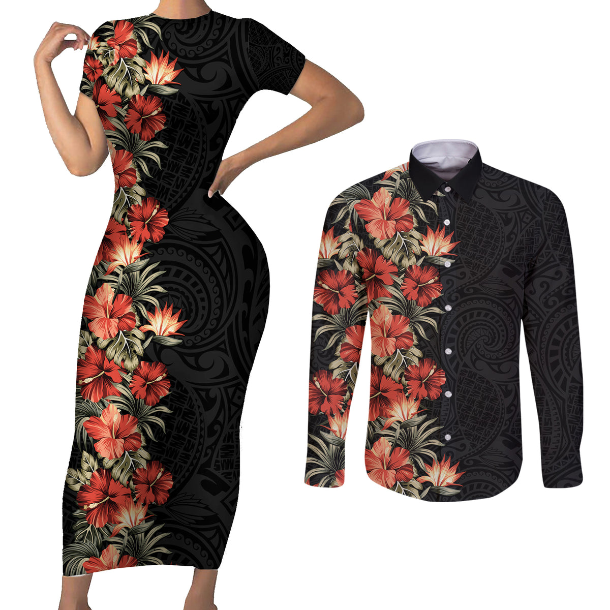 Hawaii Tropical Flowers Tribal Pattern Couples Matching Short Sleeve Bodycon Dress and Long Sleeve Button Shirt No6 LT9 Black - Polynesian Pride