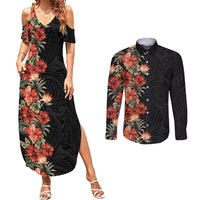 Hawaii Tropical Flowers Tribal Pattern Couples Matching Summer Maxi Dress and Long Sleeve Button Shirt No6 LT9 Black - Polynesian Pride