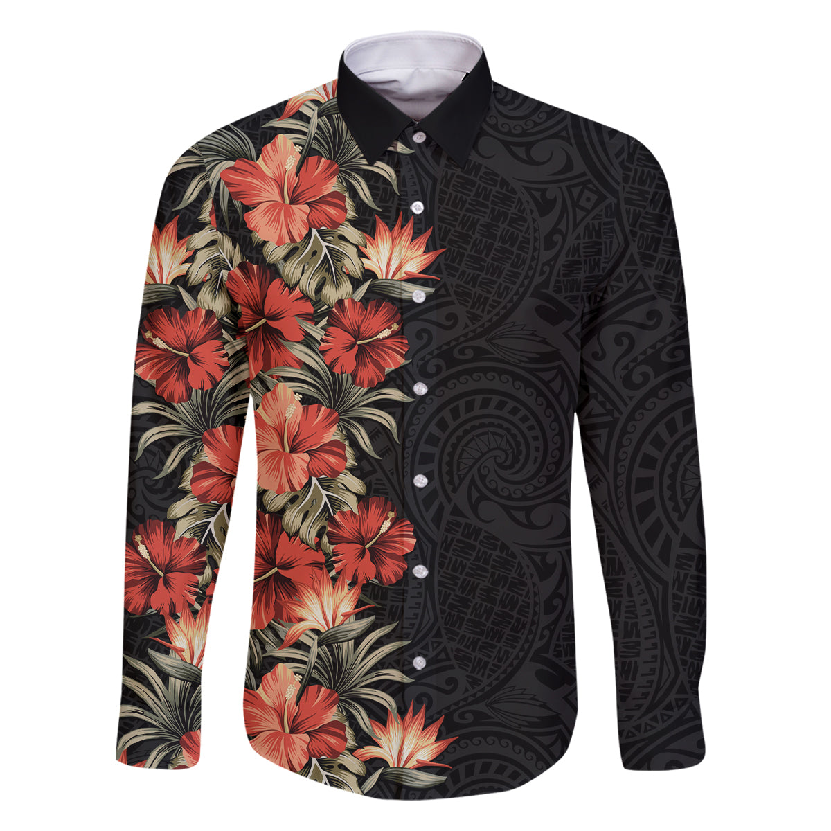 Hawaii Tropical Flowers Tribal Pattern Family Matching Mermaid Dress and Hawaiian Shirt No6 LT9 Dad's Shirt - Long Sleeve Black - Polynesian Pride