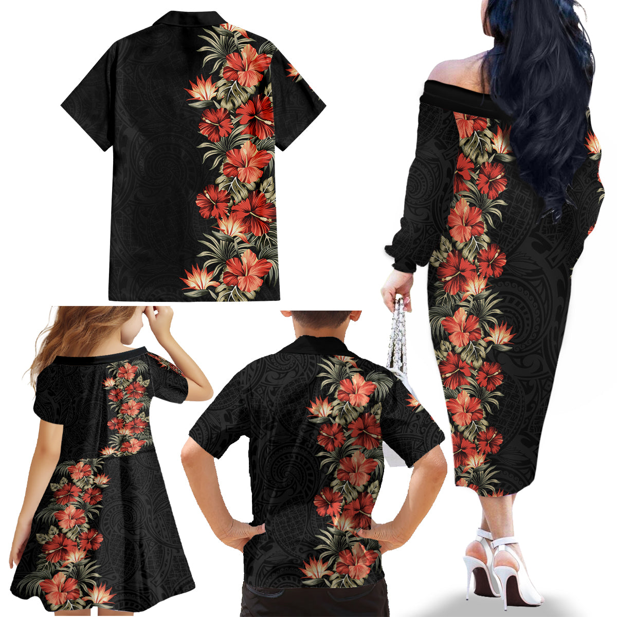 Hawaii Tropical Flowers Tribal Pattern Family Matching Off Shoulder Long Sleeve Dress and Hawaiian Shirt No6 LT9 - Polynesian Pride