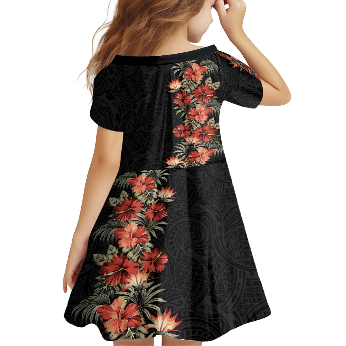 Hawaii Tropical Flowers Tribal Pattern Kid Short Sleeve Dress No6 LT9 - Polynesian Pride