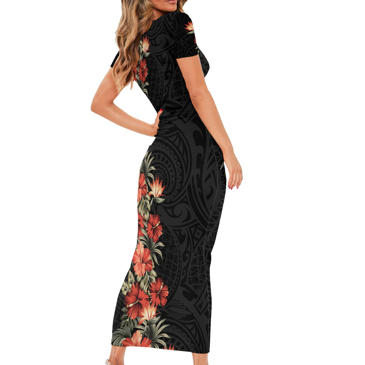 Hawaii Tropical Flowers Tribal Pattern Short Sleeve Bodycon Dress No6 LT9 - Polynesian Pride