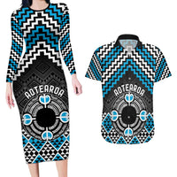 Personalised Aotearoa Niho Taniwha Motif Couples Matching Long Sleeve Bodycon Dress and Hawaiian Shirt Blue Style LT9 Blue - Polynesian Pride
