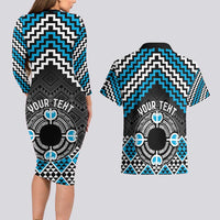 Personalised Aotearoa Niho Taniwha Motif Couples Matching Long Sleeve Bodycon Dress and Hawaiian Shirt Blue Style LT9 - Polynesian Pride