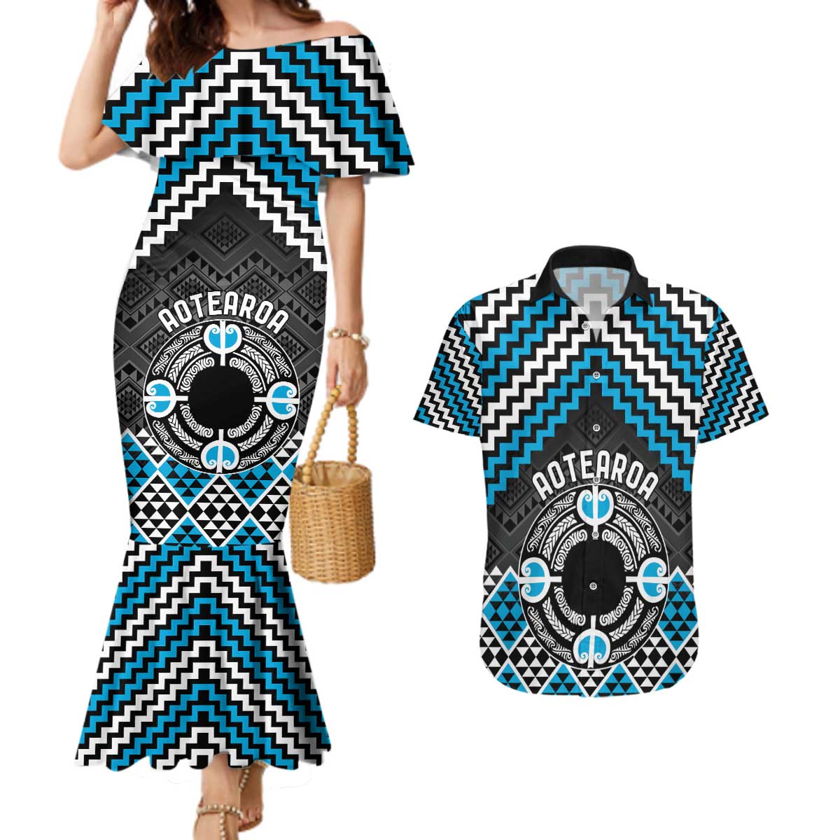 Personalised Aotearoa Niho Taniwha Motif Couples Matching Mermaid Dress and Hawaiian Shirt Blue Style LT9 Blue - Polynesian Pride