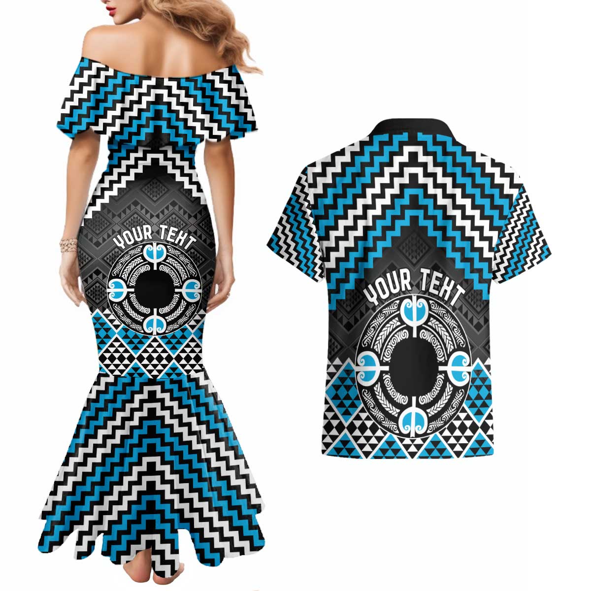 Personalised Aotearoa Niho Taniwha Motif Couples Matching Mermaid Dress and Hawaiian Shirt Blue Style LT9 - Polynesian Pride