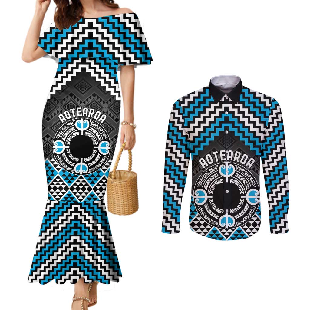 Personalised Aotearoa Niho Taniwha Motif Couples Matching Mermaid Dress and Long Sleeve Button Shirt Blue Style LT9 Blue - Polynesian Pride