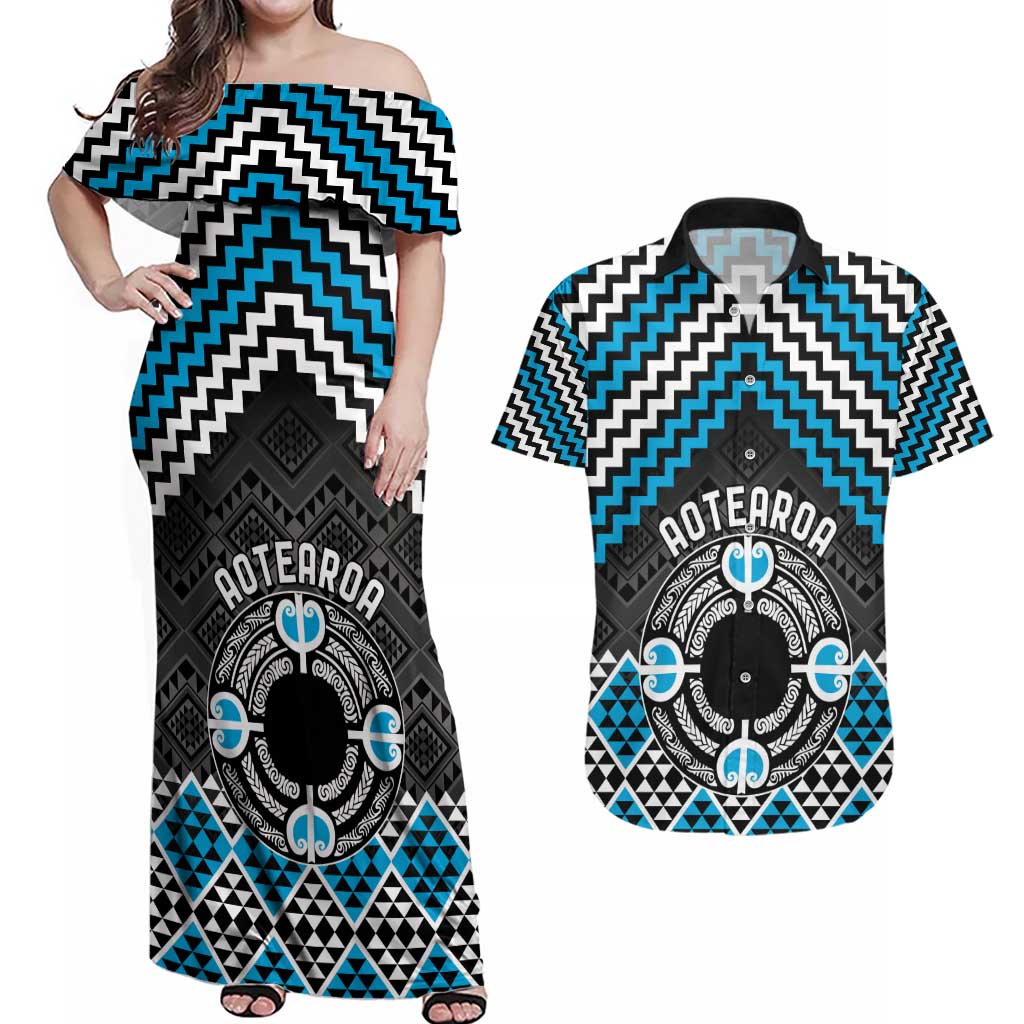 Personalised Aotearoa Niho Taniwha Motif Couples Matching Off Shoulder Maxi Dress and Hawaiian Shirt Blue Style LT9 Blue - Polynesian Pride
