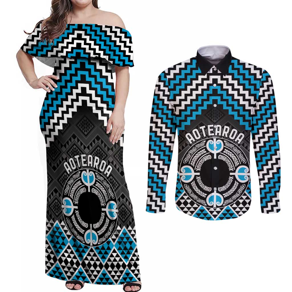 Personalised Aotearoa Niho Taniwha Motif Couples Matching Off Shoulder Maxi Dress and Long Sleeve Button Shirt Blue Style LT9 Blue - Polynesian Pride