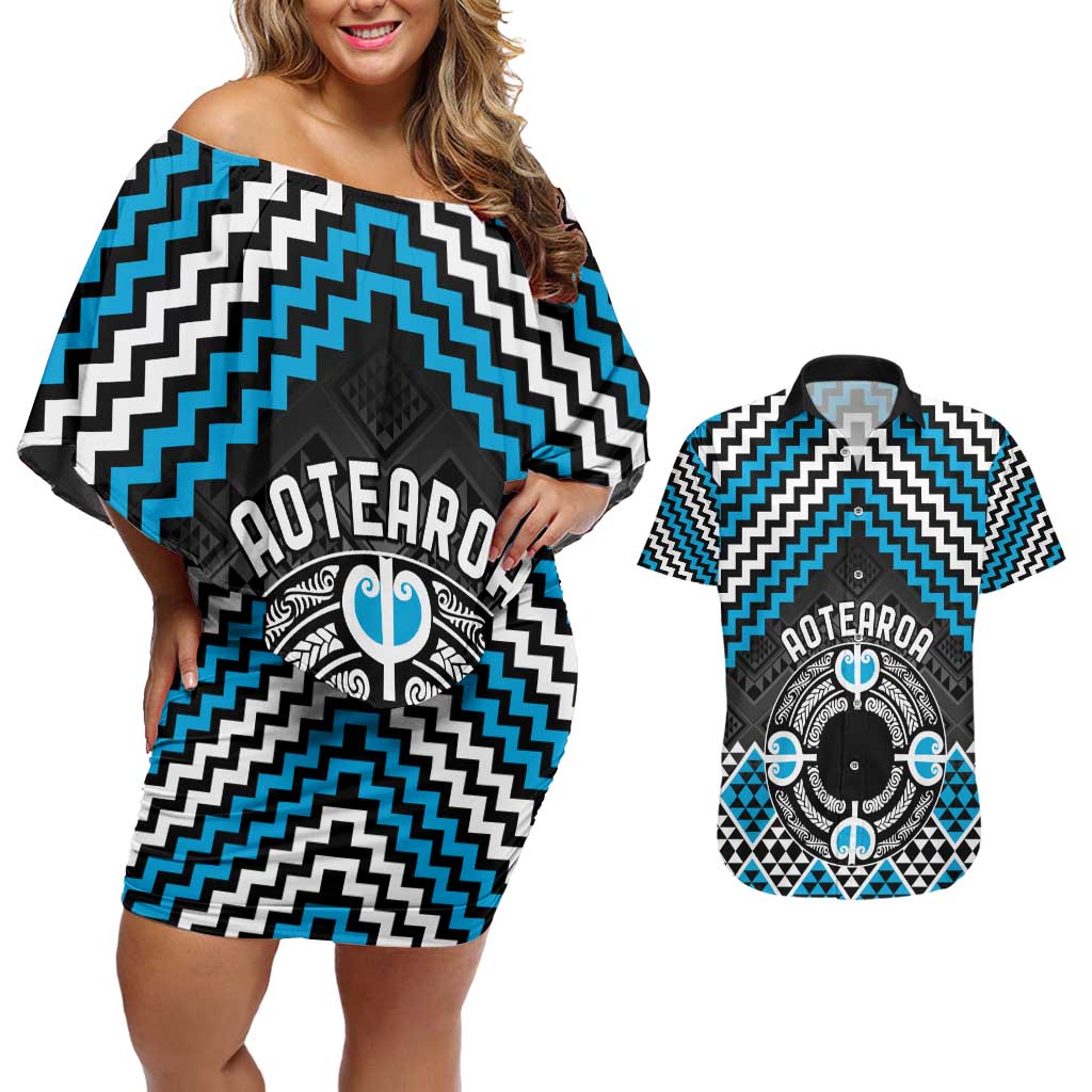 Personalised Aotearoa Niho Taniwha Motif Couples Matching Off Shoulder Short Dress and Hawaiian Shirt Blue Style LT9 Blue - Polynesian Pride
