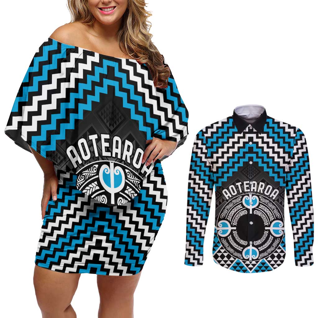 Personalised Aotearoa Niho Taniwha Motif Couples Matching Off Shoulder Short Dress and Long Sleeve Button Shirt Blue Style LT9 Blue - Polynesian Pride