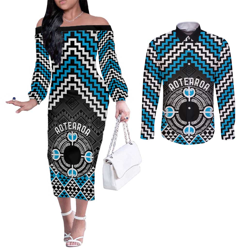 Personalised Aotearoa Niho Taniwha Motif Couples Matching Off The Shoulder Long Sleeve Dress and Long Sleeve Button Shirt Blue Style LT9 Blue - Polynesian Pride