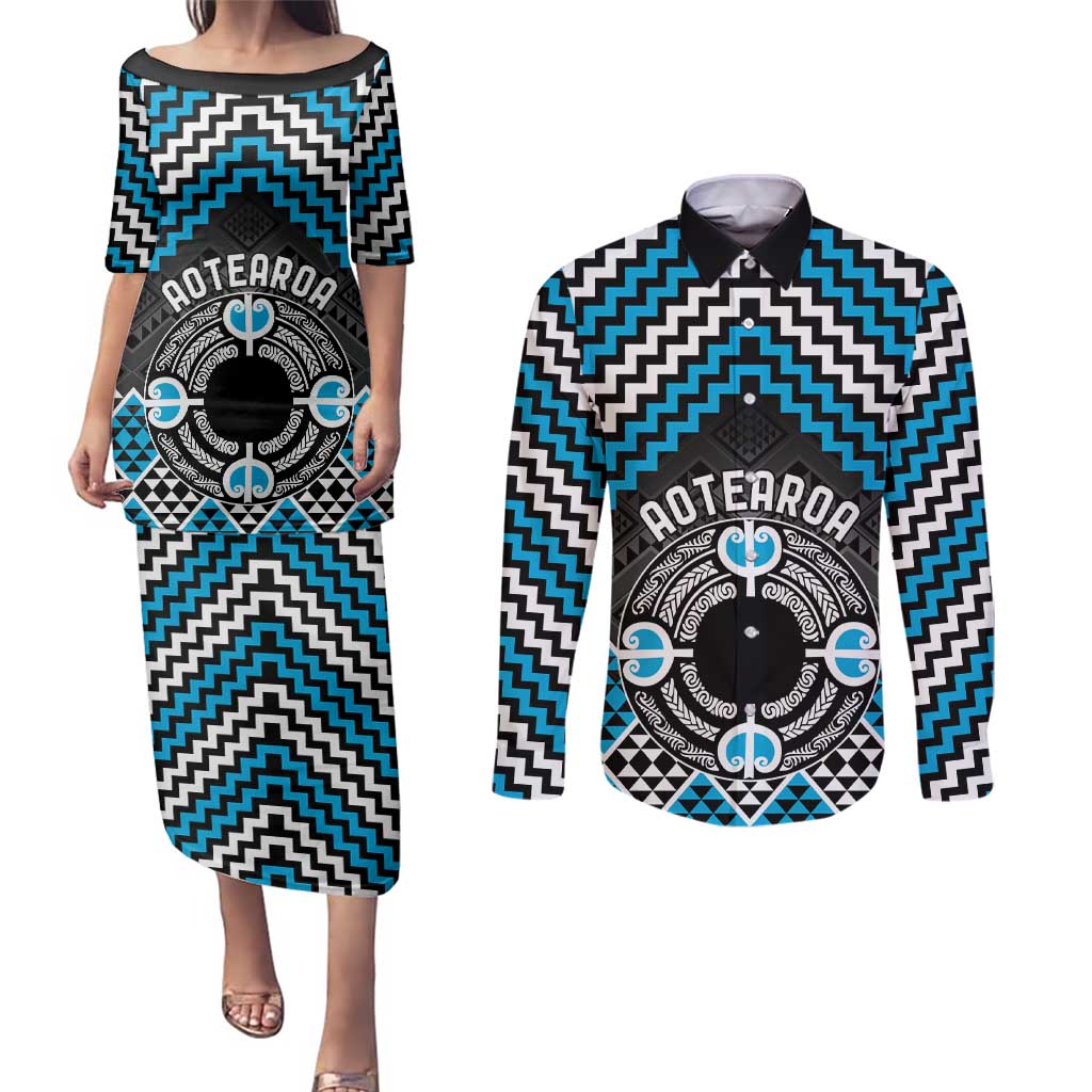 Personalised Aotearoa Niho Taniwha Motif Couples Matching Puletasi and Long Sleeve Button Shirt Blue Style LT9 Blue - Polynesian Pride