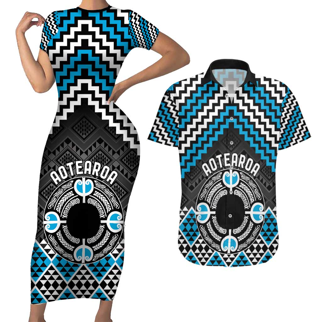 Personalised Aotearoa Niho Taniwha Motif Couples Matching Short Sleeve Bodycon Dress and Hawaiian Shirt Blue Style LT9 Blue - Polynesian Pride