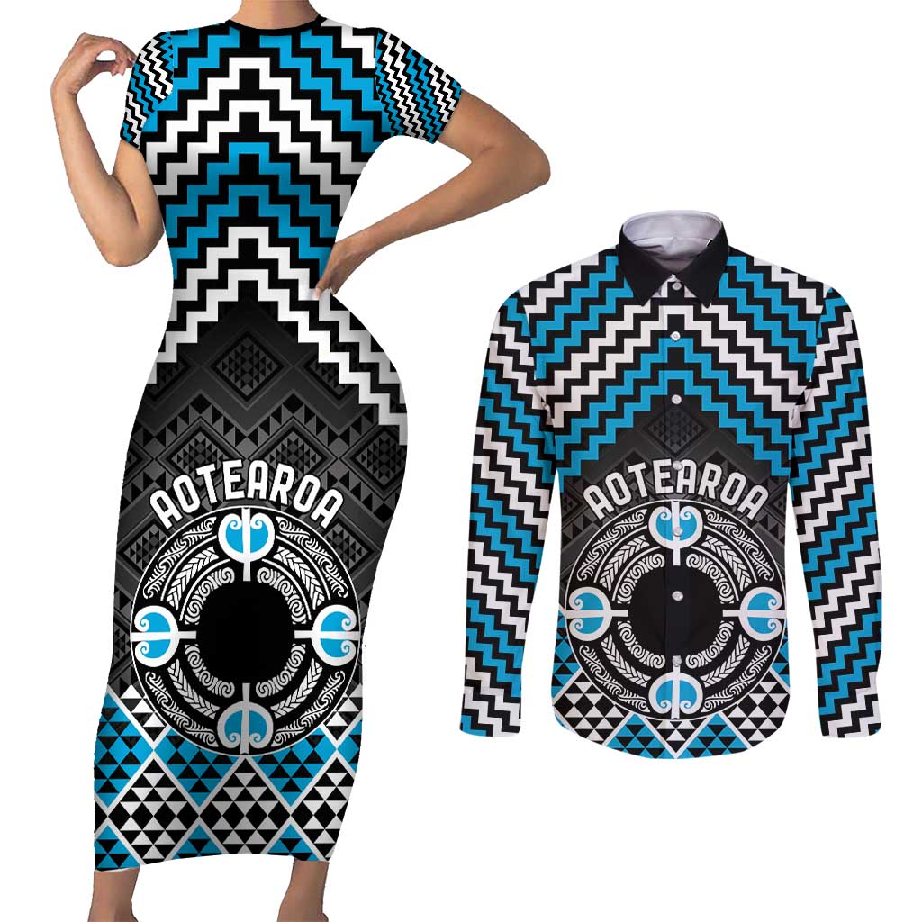 Personalised Aotearoa Niho Taniwha Motif Couples Matching Short Sleeve Bodycon Dress and Long Sleeve Button Shirt Blue Style LT9 Blue - Polynesian Pride