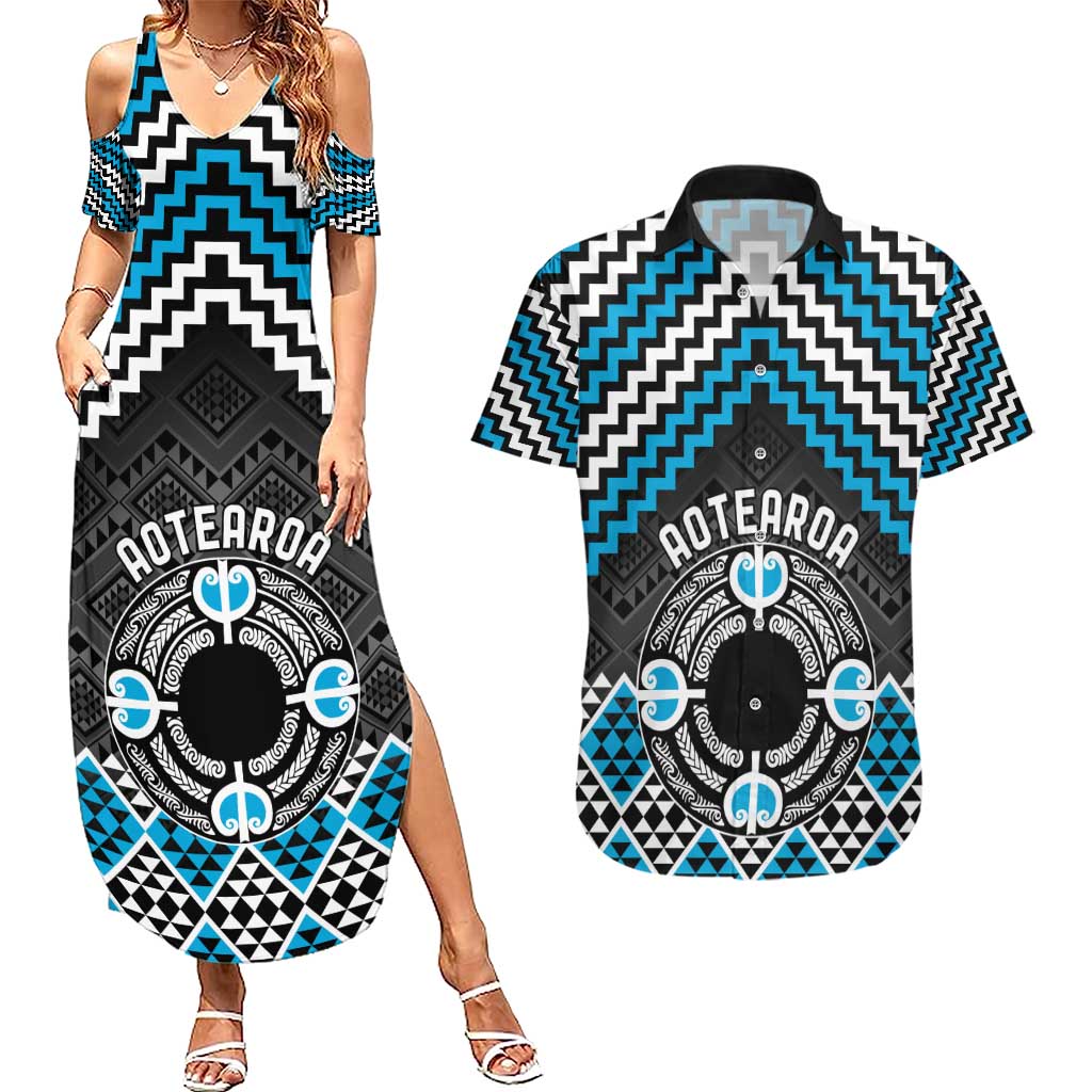 Personalised Aotearoa Niho Taniwha Motif Couples Matching Summer Maxi Dress and Hawaiian Shirt Blue Style LT9 Blue - Polynesian Pride