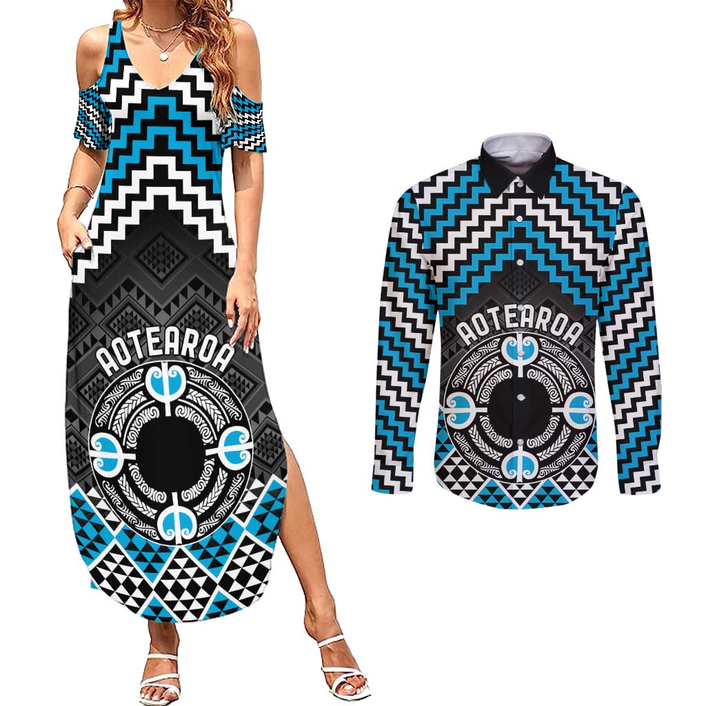 Personalised Aotearoa Niho Taniwha Motif Couples Matching Summer Maxi Dress and Long Sleeve Button Shirt Blue Style LT9 Blue - Polynesian Pride