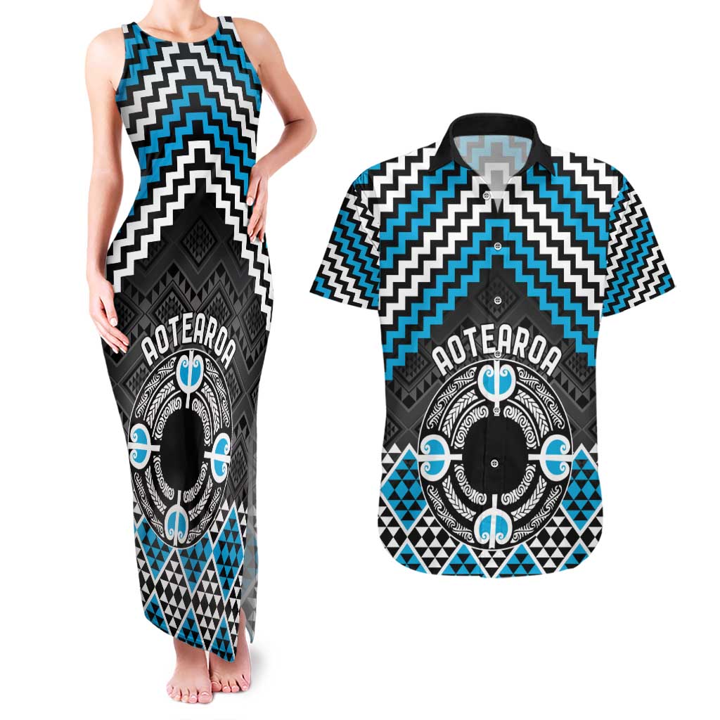 Personalised Aotearoa Niho Taniwha Motif Couples Matching Tank Maxi Dress and Hawaiian Shirt Blue Style LT9 Blue - Polynesian Pride