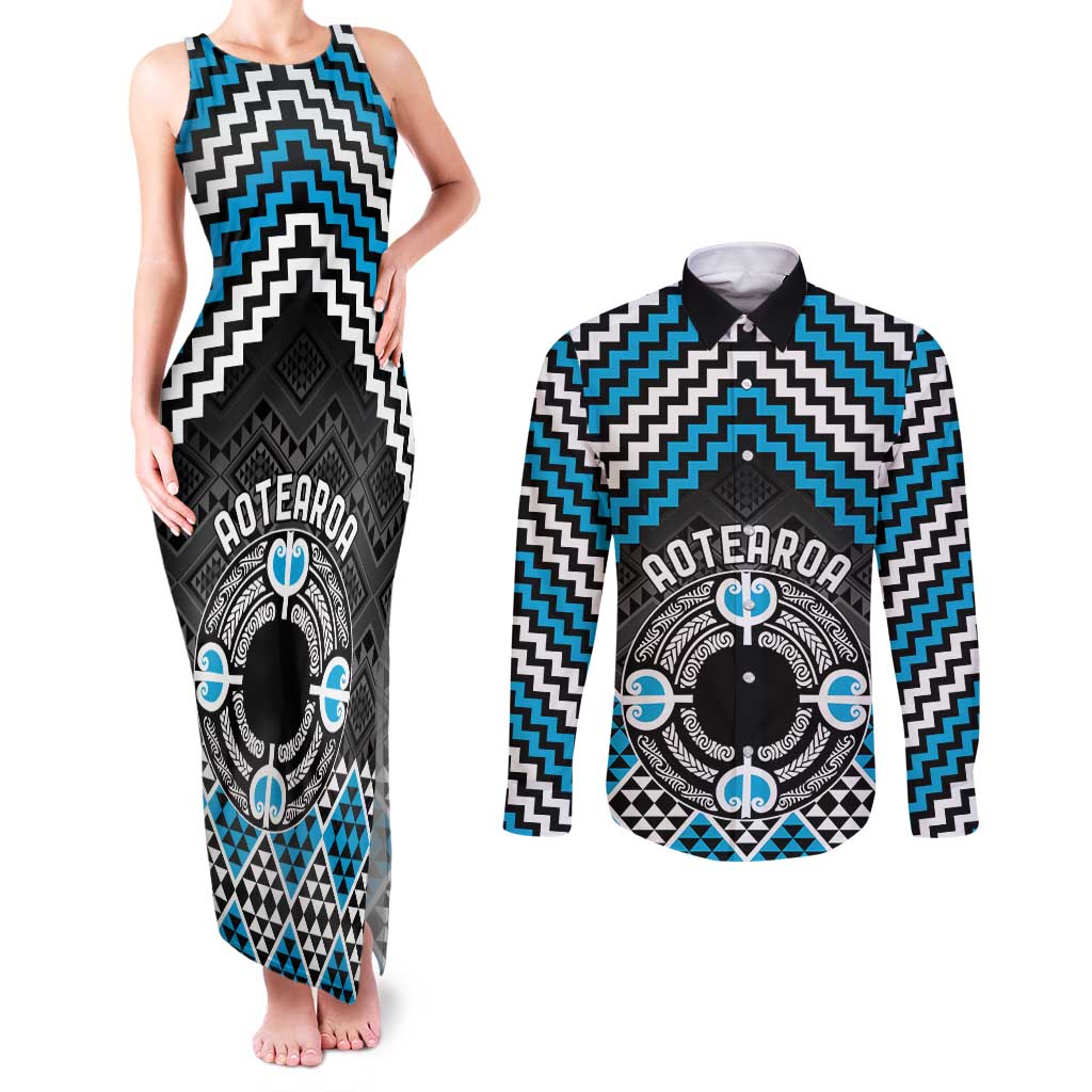 Personalised Aotearoa Niho Taniwha Motif Couples Matching Tank Maxi Dress and Long Sleeve Button Shirt Blue Style LT9 Blue - Polynesian Pride