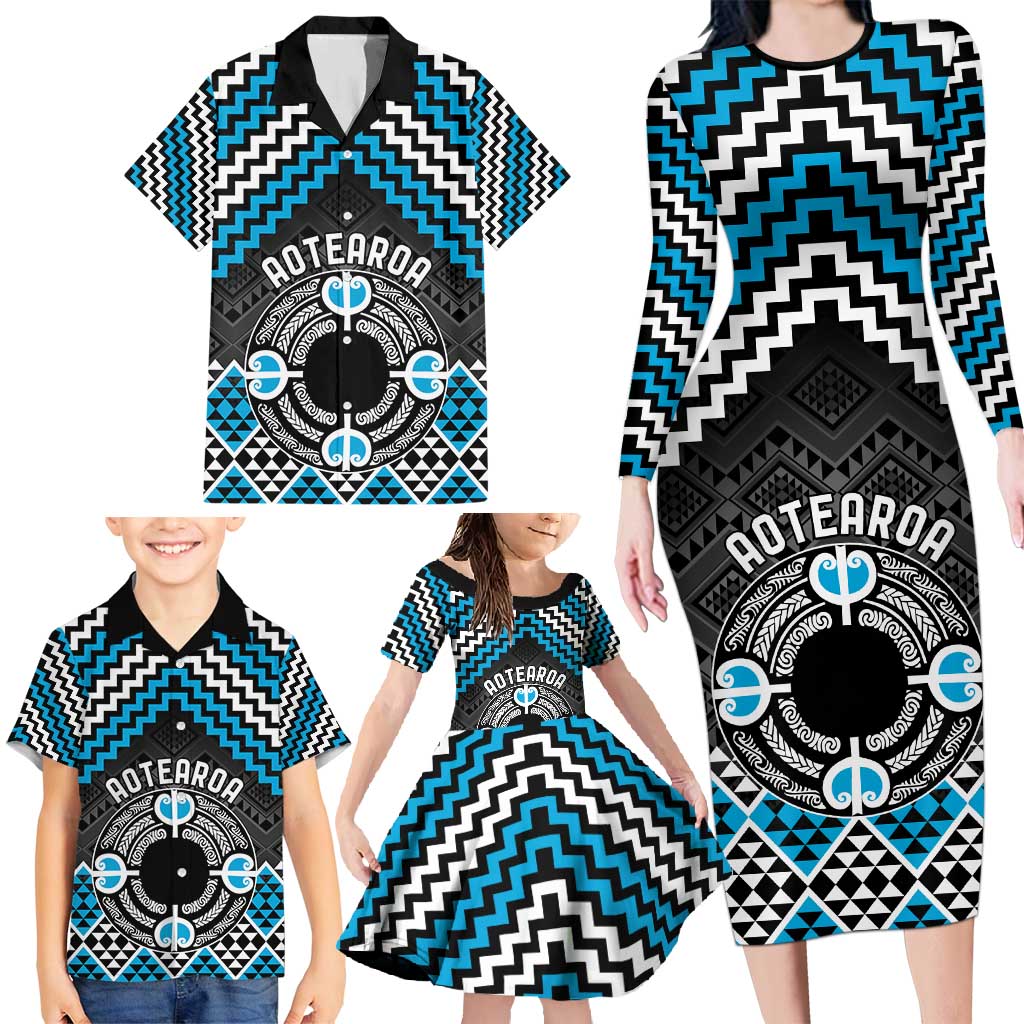 Personalised Aotearoa Niho Taniwha Motif Family Matching Long Sleeve Bodycon Dress and Hawaiian Shirt Blue Style LT9 - Polynesian Pride