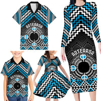 Personalised Aotearoa Niho Taniwha Motif Family Matching Long Sleeve Bodycon Dress and Hawaiian Shirt Blue Style LT9 - Polynesian Pride