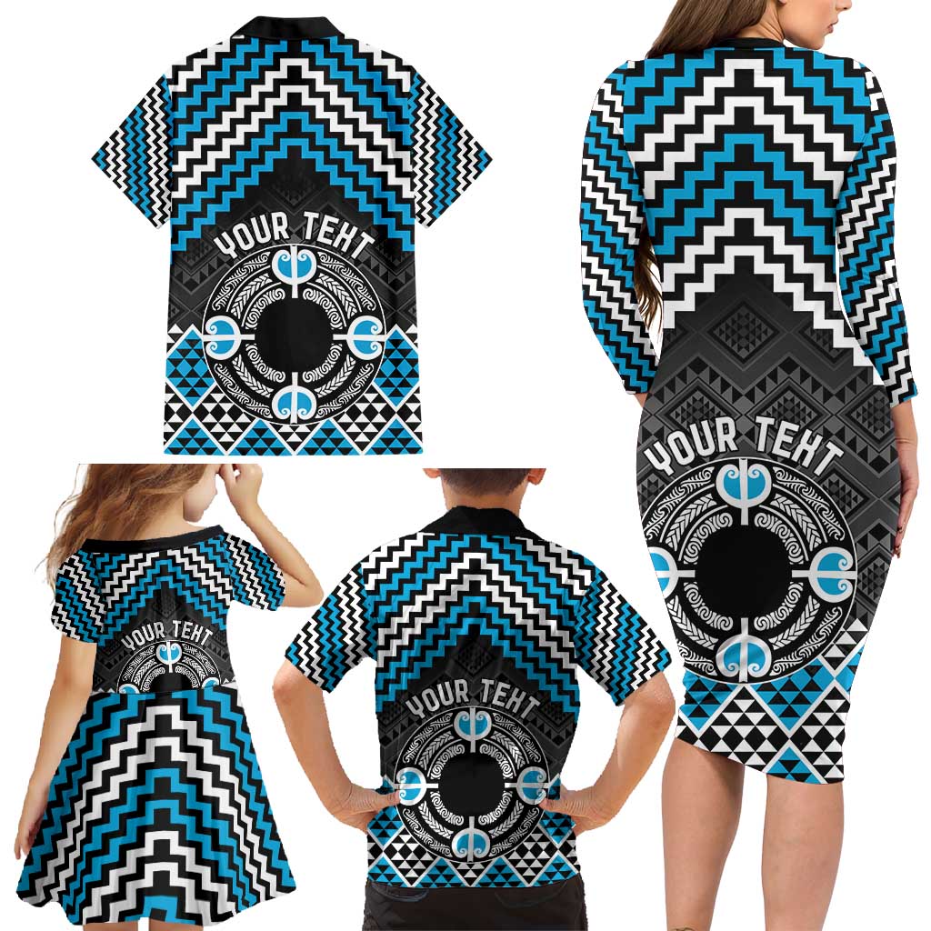 Personalised Aotearoa Niho Taniwha Motif Family Matching Long Sleeve Bodycon Dress and Hawaiian Shirt Blue Style LT9 - Polynesian Pride