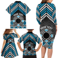 Personalised Aotearoa Niho Taniwha Motif Family Matching Long Sleeve Bodycon Dress and Hawaiian Shirt Blue Style LT9 - Polynesian Pride