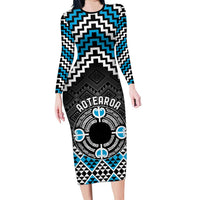 Personalised Aotearoa Niho Taniwha Motif Family Matching Long Sleeve Bodycon Dress and Hawaiian Shirt Blue Style LT9 Mom's Dress Blue - Polynesian Pride