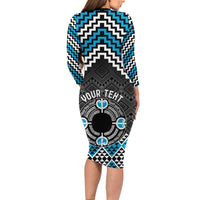 Personalised Aotearoa Niho Taniwha Motif Family Matching Long Sleeve Bodycon Dress and Hawaiian Shirt Blue Style LT9 - Polynesian Pride