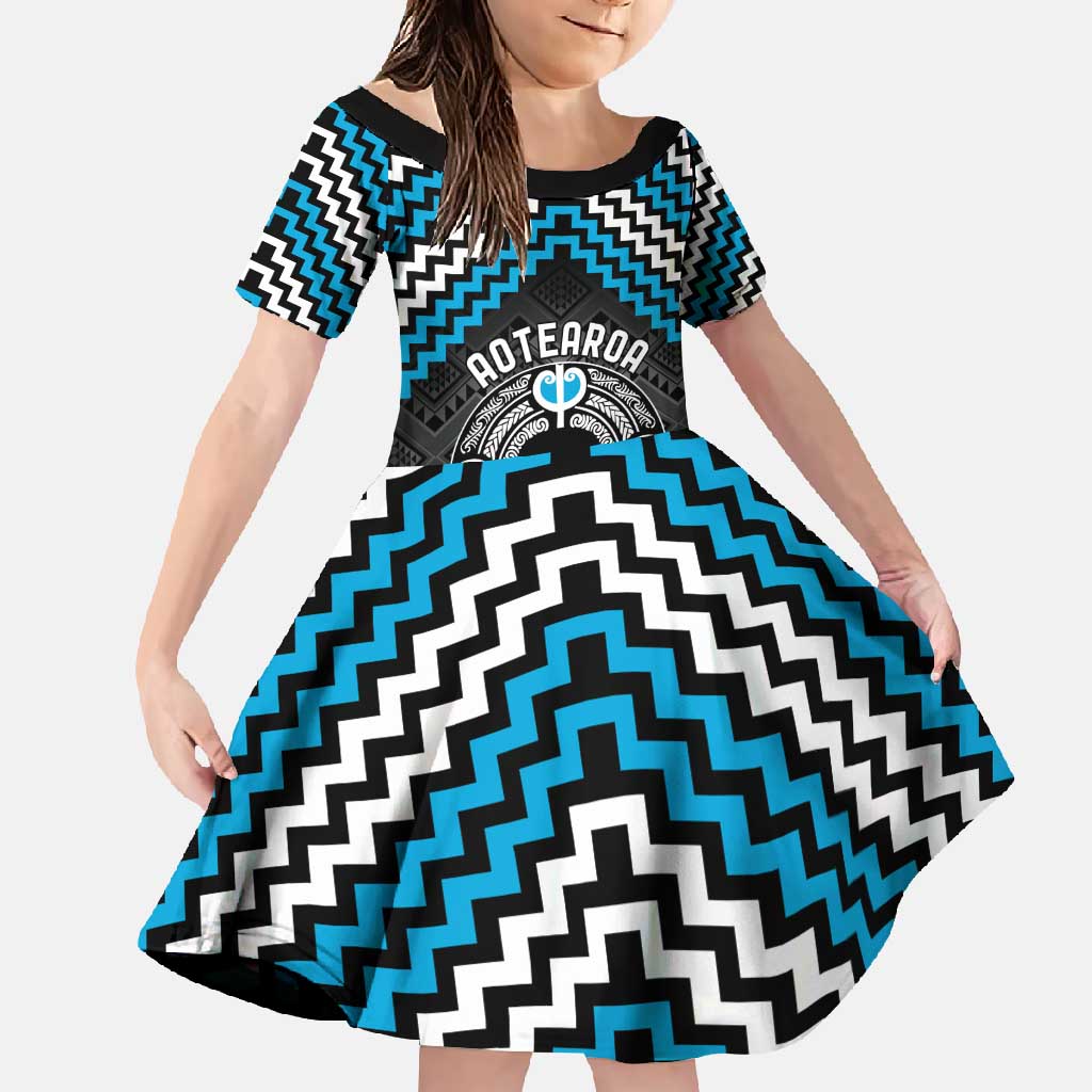 Personalised Aotearoa Niho Taniwha Motif Family Matching Mermaid Dress and Hawaiian Shirt Blue Style LT9 Daughter's Dress Blue - Polynesian Pride