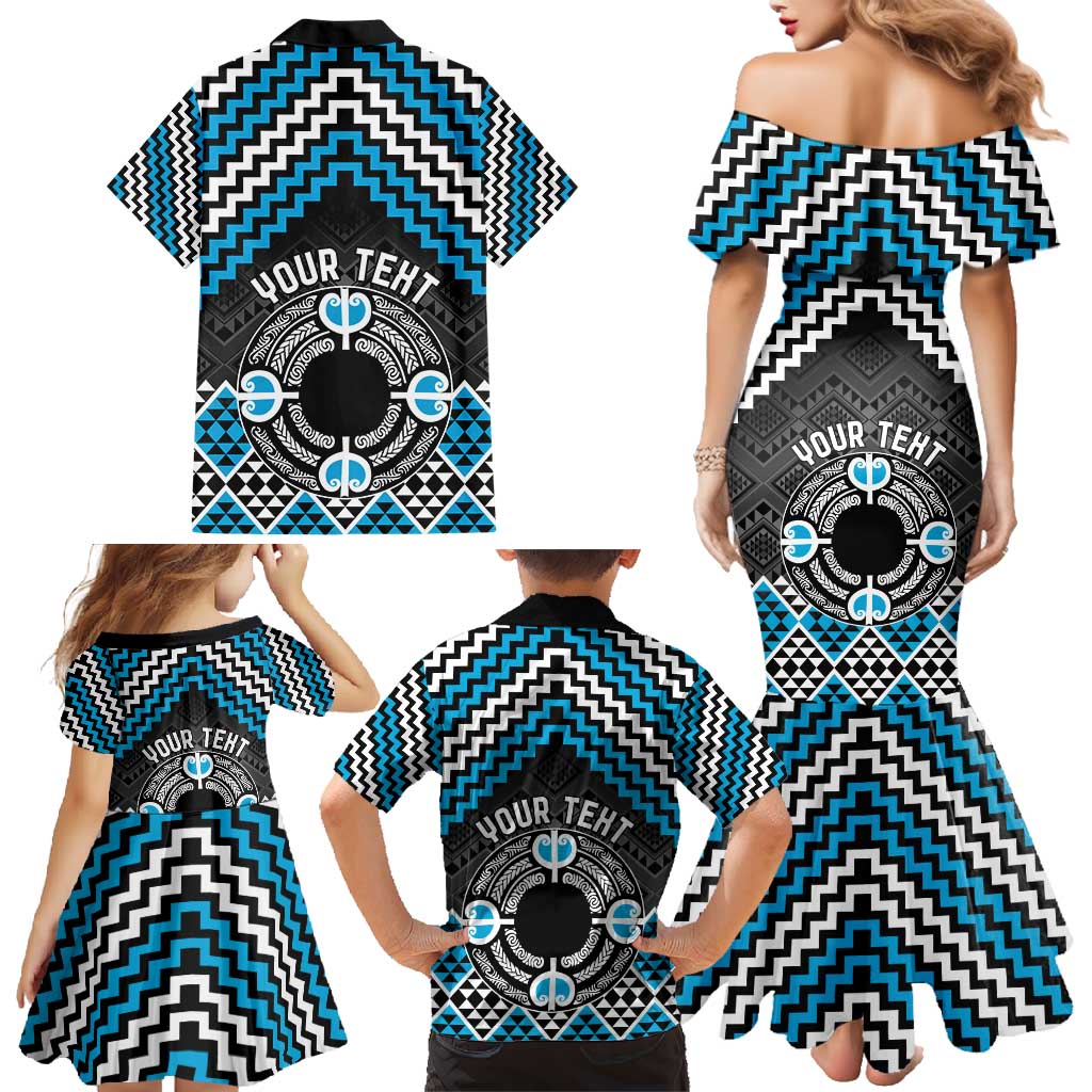 Personalised Aotearoa Niho Taniwha Motif Family Matching Mermaid Dress and Hawaiian Shirt Blue Style LT9 - Polynesian Pride