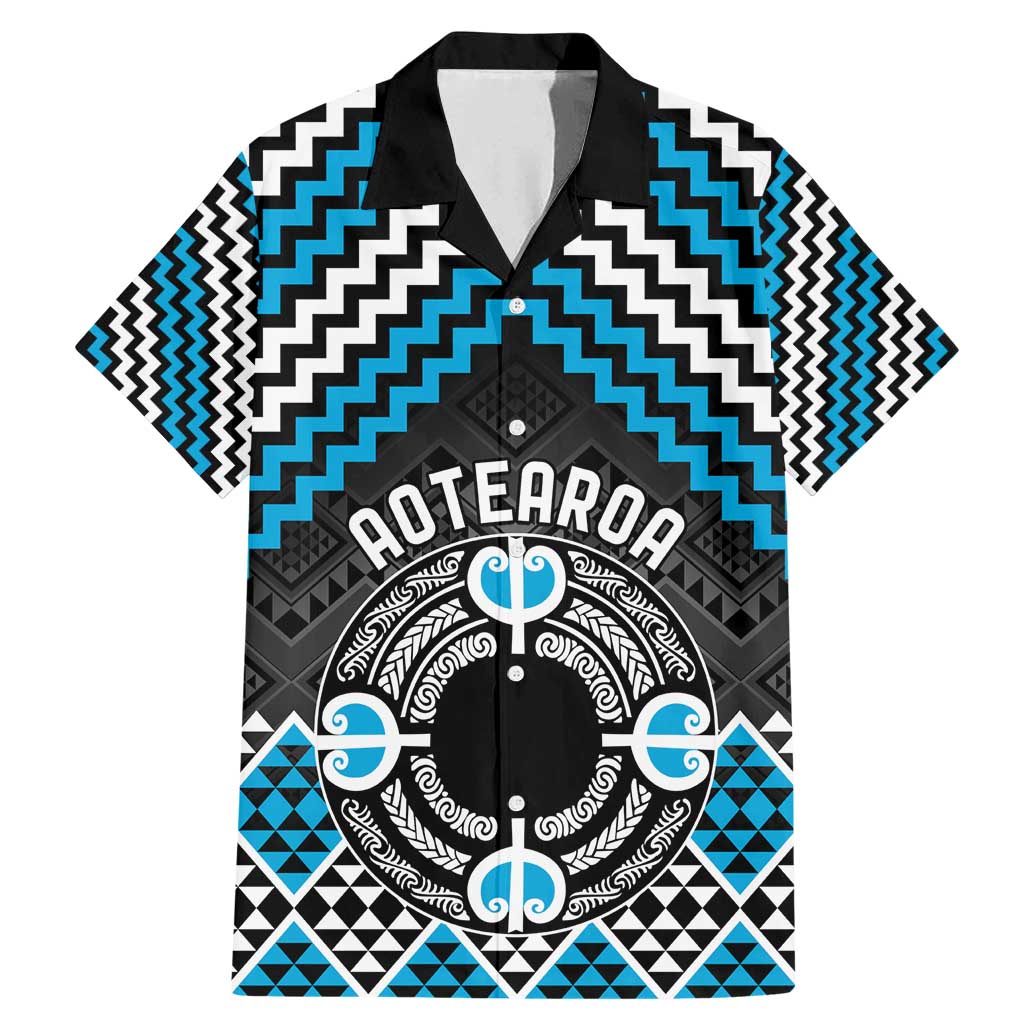 Personalised Aotearoa Niho Taniwha Motif Family Matching Mermaid Dress and Hawaiian Shirt Blue Style LT9 Dad's Shirt - Short Sleeve Blue - Polynesian Pride