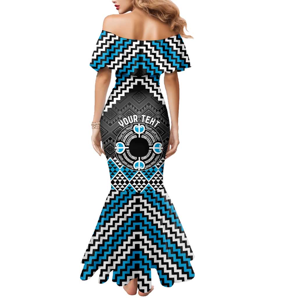 Personalised Aotearoa Niho Taniwha Motif Family Matching Mermaid Dress and Hawaiian Shirt Blue Style LT9 - Polynesian Pride