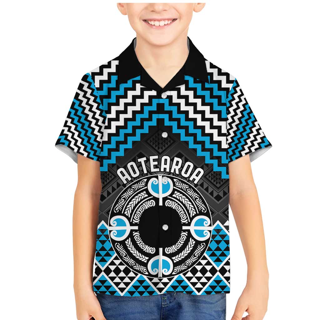 Personalised Aotearoa Niho Taniwha Motif Family Matching Mermaid Dress and Hawaiian Shirt Blue Style LT9 Son's Shirt Blue - Polynesian Pride