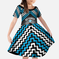 Personalised Aotearoa Niho Taniwha Motif Family Matching Off The Shoulder Long Sleeve Dress and Hawaiian Shirt Blue Style LT9 Daughter's Dress Blue - Polynesian Pride