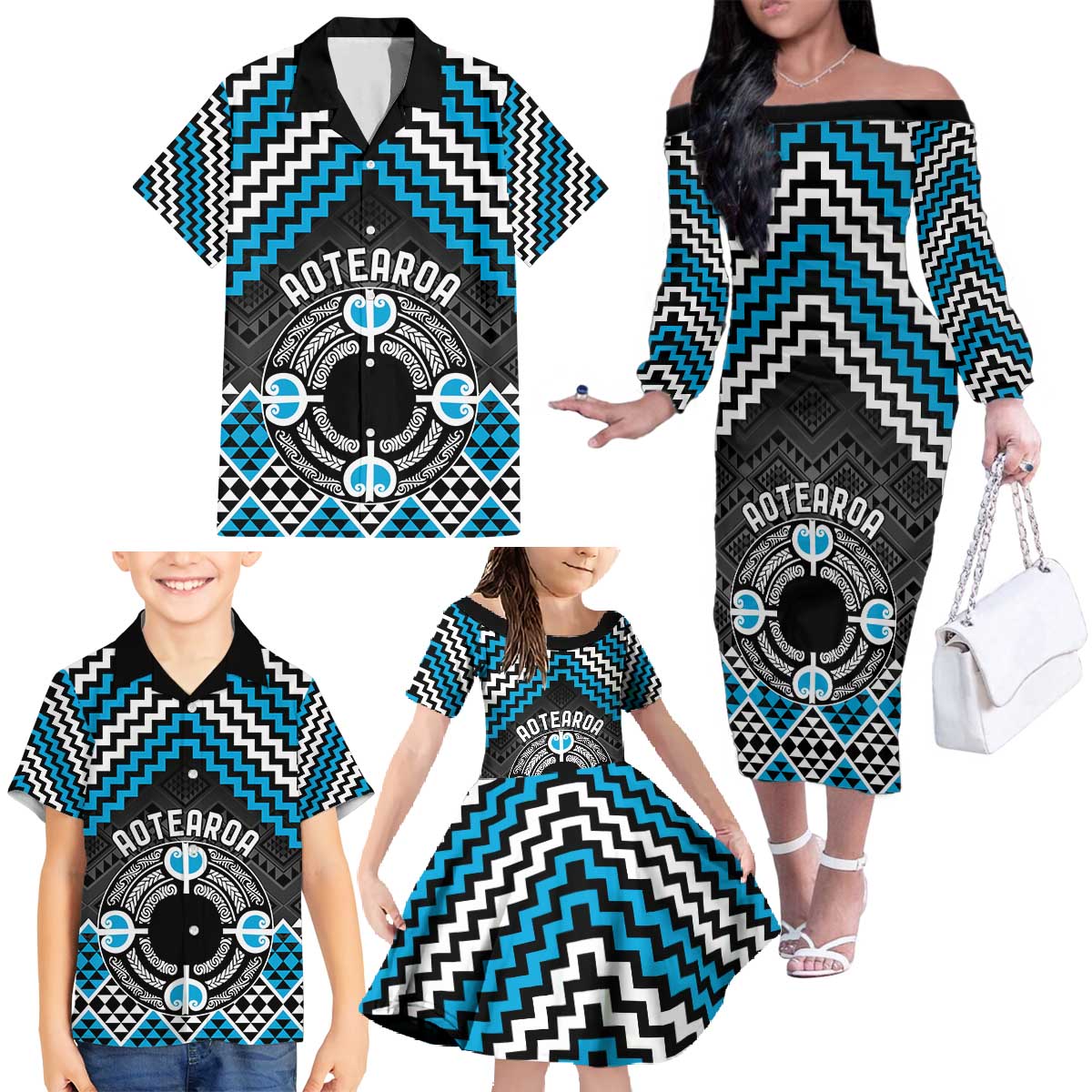 Personalised Aotearoa Niho Taniwha Motif Family Matching Off The Shoulder Long Sleeve Dress and Hawaiian Shirt Blue Style LT9 - Polynesian Pride