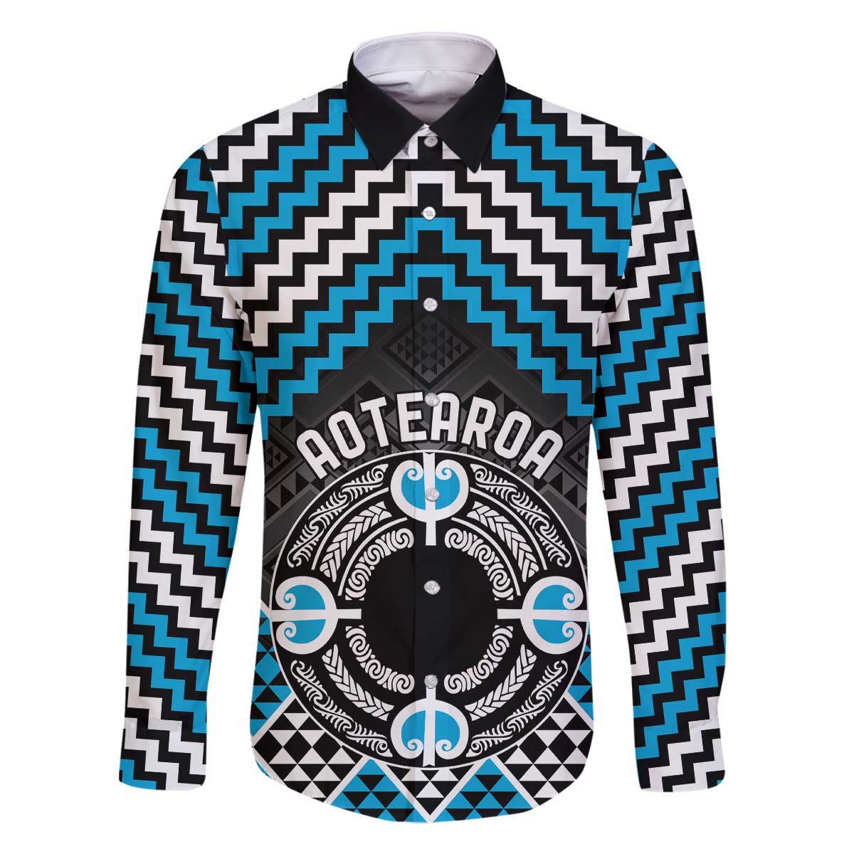 Personalised Aotearoa Niho Taniwha Motif Family Matching Off The Shoulder Long Sleeve Dress and Hawaiian Shirt Blue Style LT9 Dad's Shirt - Long Sleeve Blue - Polynesian Pride