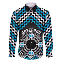 Personalised Aotearoa Niho Taniwha Motif Family Matching Off The Shoulder Long Sleeve Dress and Hawaiian Shirt Blue Style LT9 Dad's Shirt - Long Sleeve Blue - Polynesian Pride