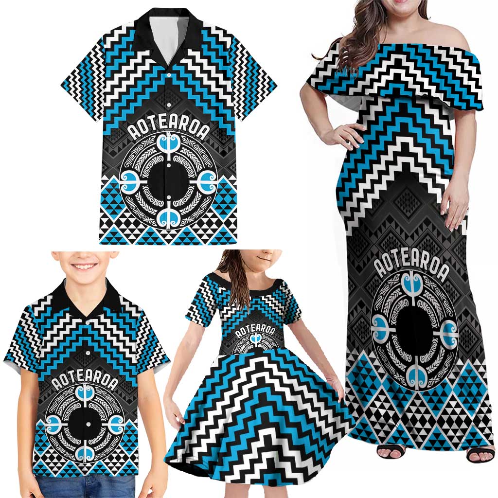 Personalised Aotearoa Niho Taniwha Motif Family Matching Off Shoulder Maxi Dress and Hawaiian Shirt Blue Style LT9 - Polynesian Pride