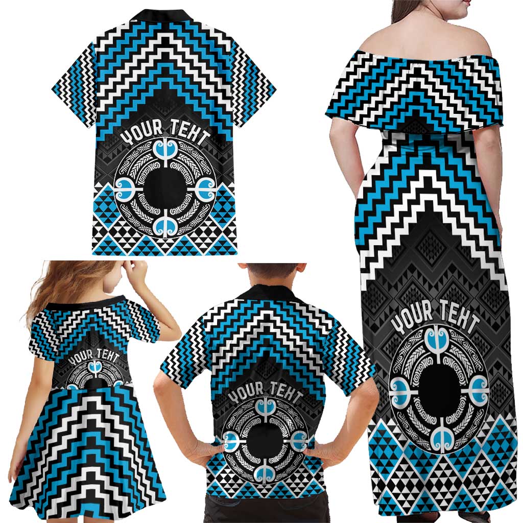 Personalised Aotearoa Niho Taniwha Motif Family Matching Off Shoulder Maxi Dress and Hawaiian Shirt Blue Style LT9 - Polynesian Pride