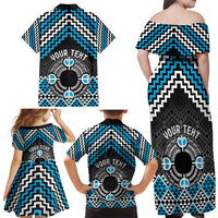 Personalised Aotearoa Niho Taniwha Motif Family Matching Off Shoulder Maxi Dress and Hawaiian Shirt Blue Style LT9 - Polynesian Pride