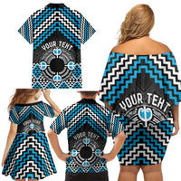 Personalised Aotearoa Niho Taniwha Motif Family Matching Off Shoulder Short Dress and Hawaiian Shirt Blue Style LT9 - Polynesian Pride
