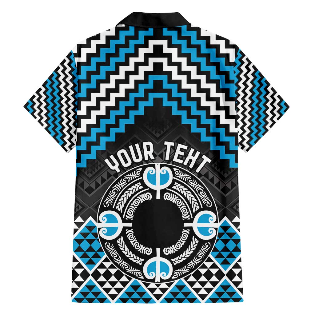 Personalised Aotearoa Niho Taniwha Motif Family Matching Off Shoulder Short Dress and Hawaiian Shirt Blue Style LT9 - Polynesian Pride