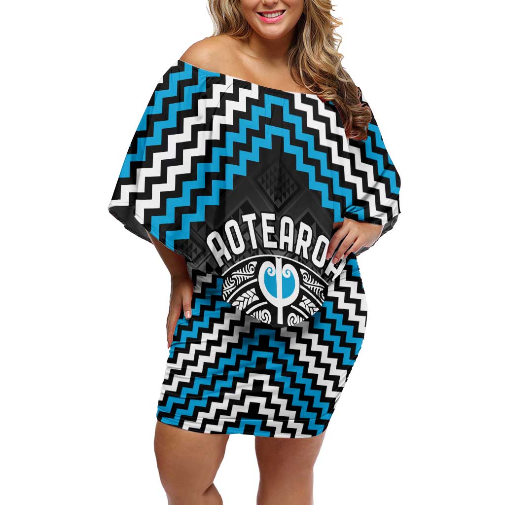 Personalised Aotearoa Niho Taniwha Motif Family Matching Off Shoulder Short Dress and Hawaiian Shirt Blue Style LT9 Mom's Dress Blue - Polynesian Pride